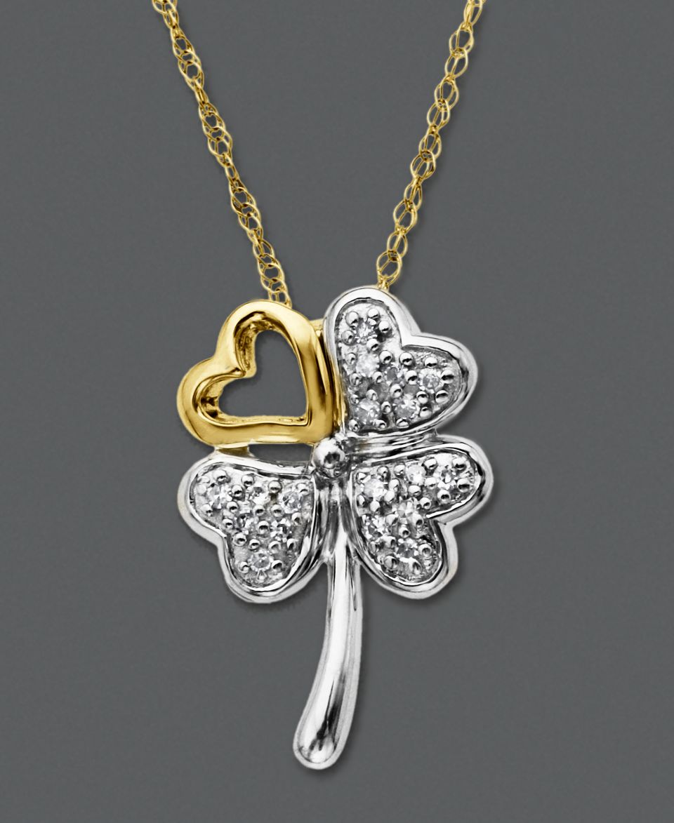 Diamond Pendant, 14k Gold and Sterling Silver Diamond Four Leaf Clover