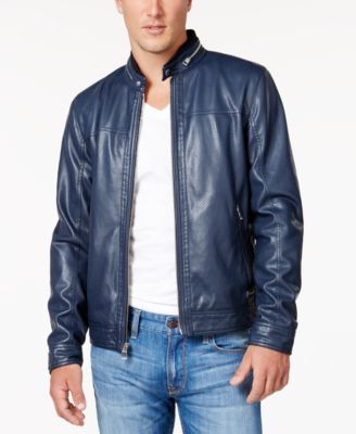 guess men's faux leather hooded moto jacket