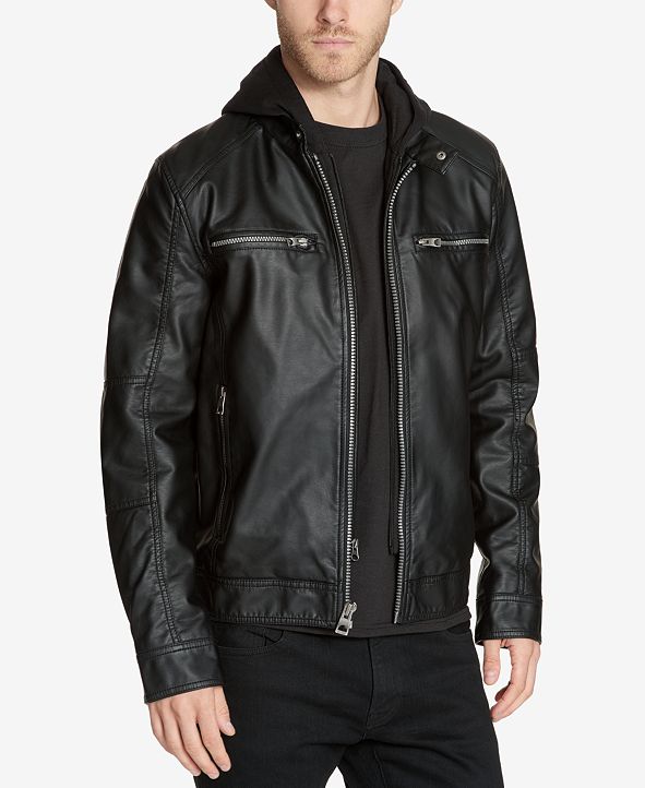 GUESS Men's Faux-Leather Detachable-Hood Motorcycle Jacket & Reviews ...