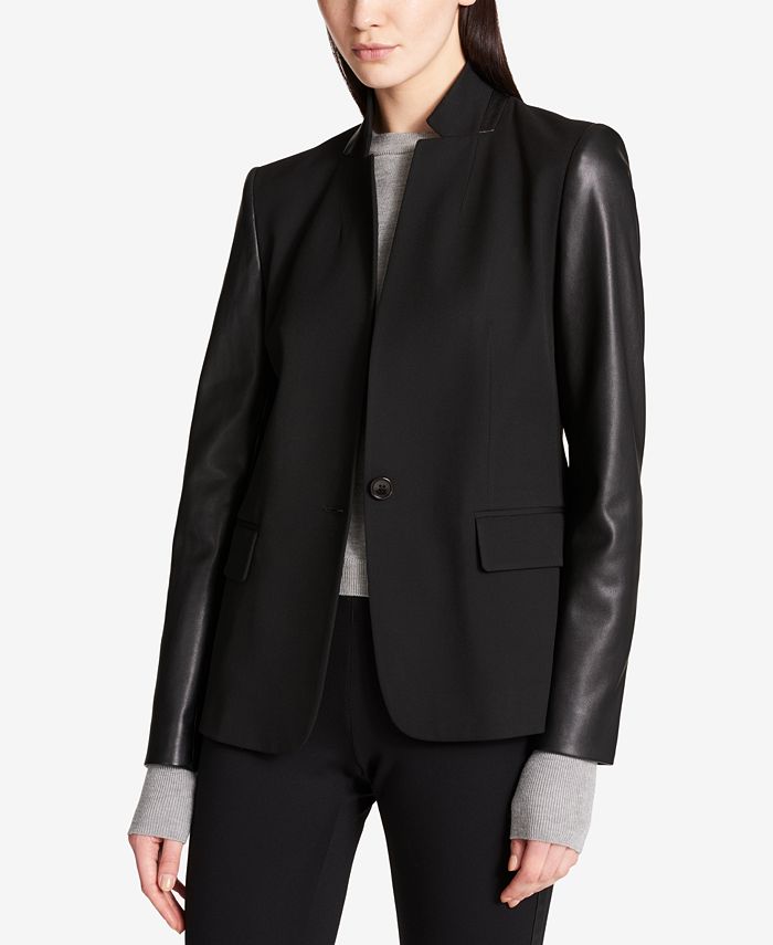 DKNY Faux-Leather-Sleeve Blazer & Reviews - Jackets & Blazers - Women ...