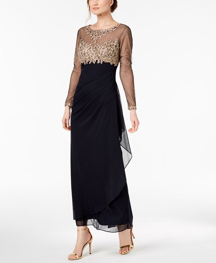 xscape embroidered illusion gown