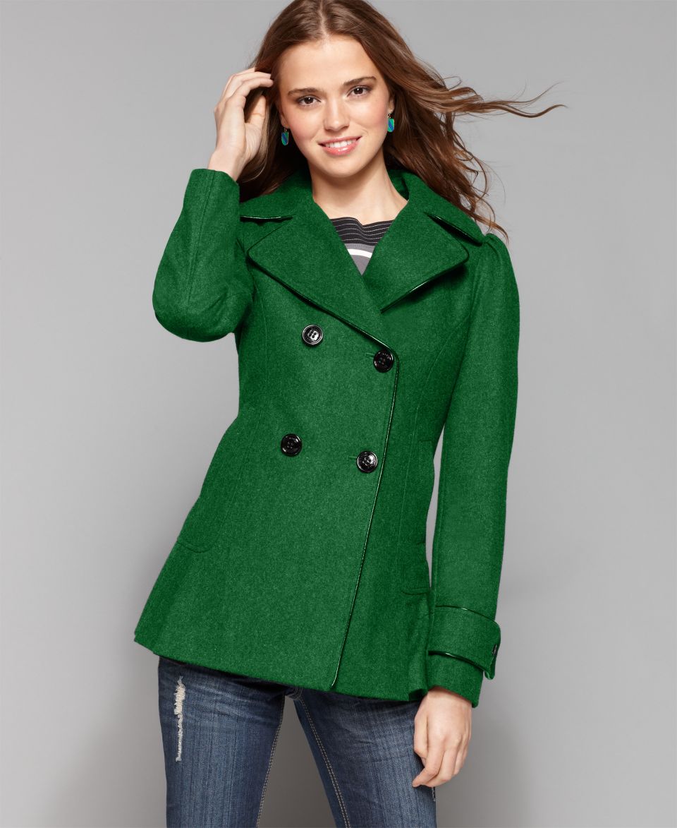Steve Madden Coat, Double Breasted Wool Blend Pea Coat Faux Leather Piping   Coats   Women