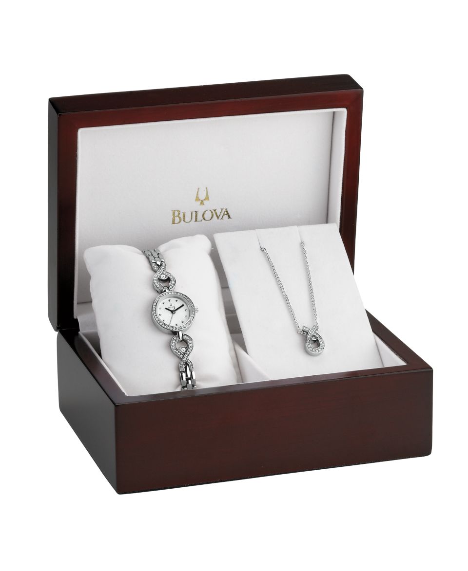 Bulova Watch and Necklace Box Set, Womens Stainless Steel Bangle