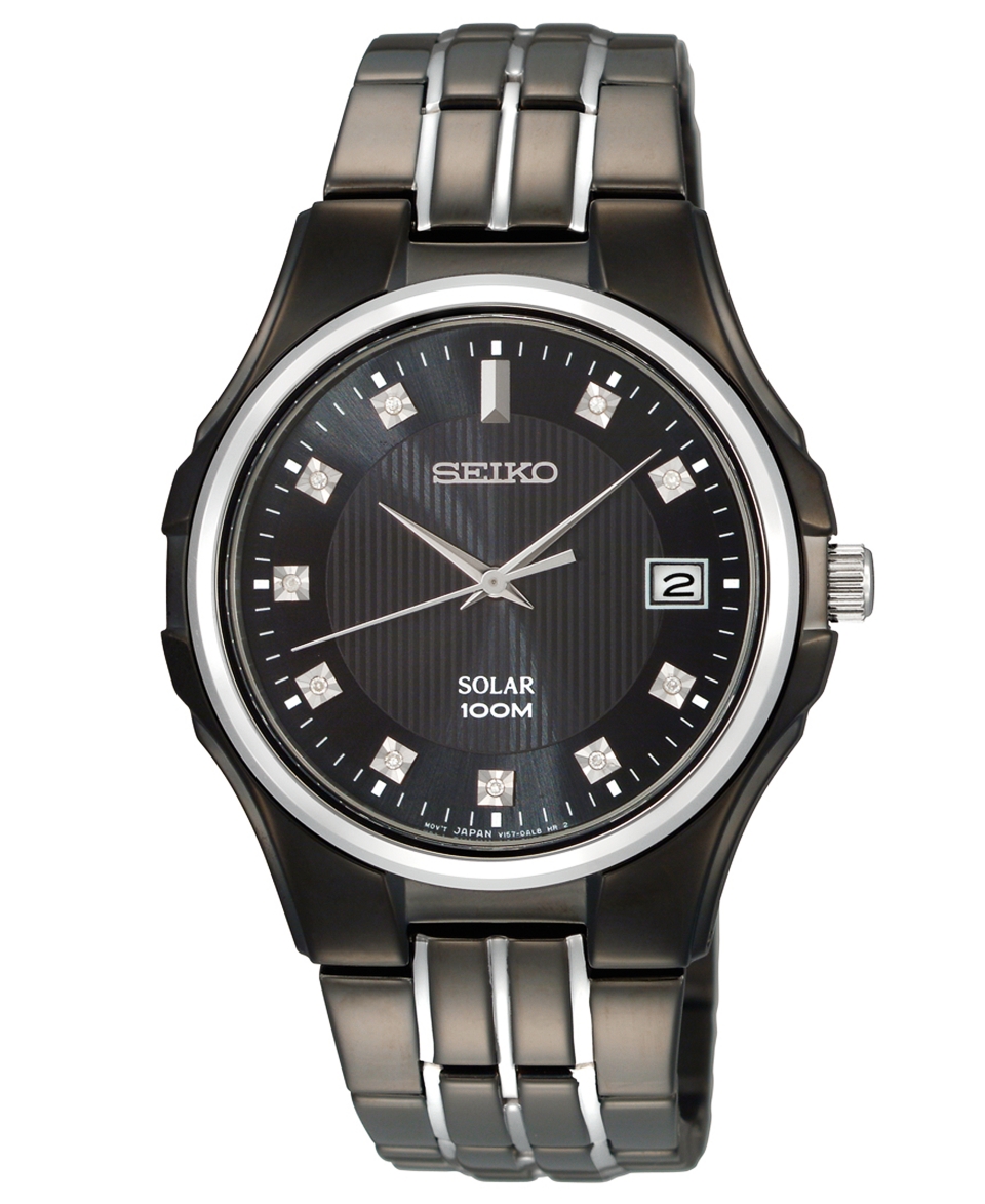 Seiko Watch, Mens Solar Diamond Accent Black Ion Plated Stainless