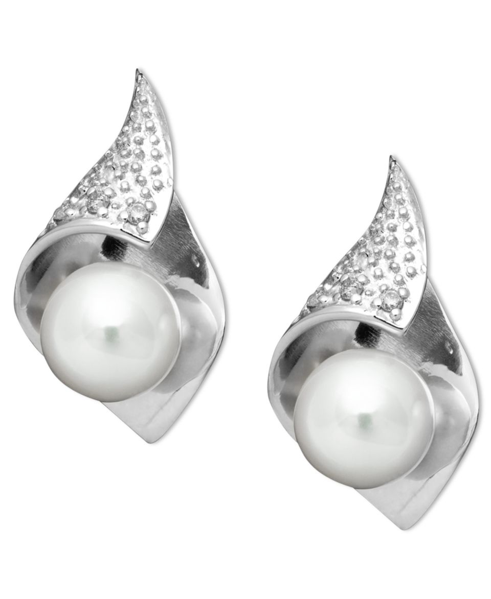 Sterling Silver Earrings, Cultured Freshwater Pearl and Diamond Accent