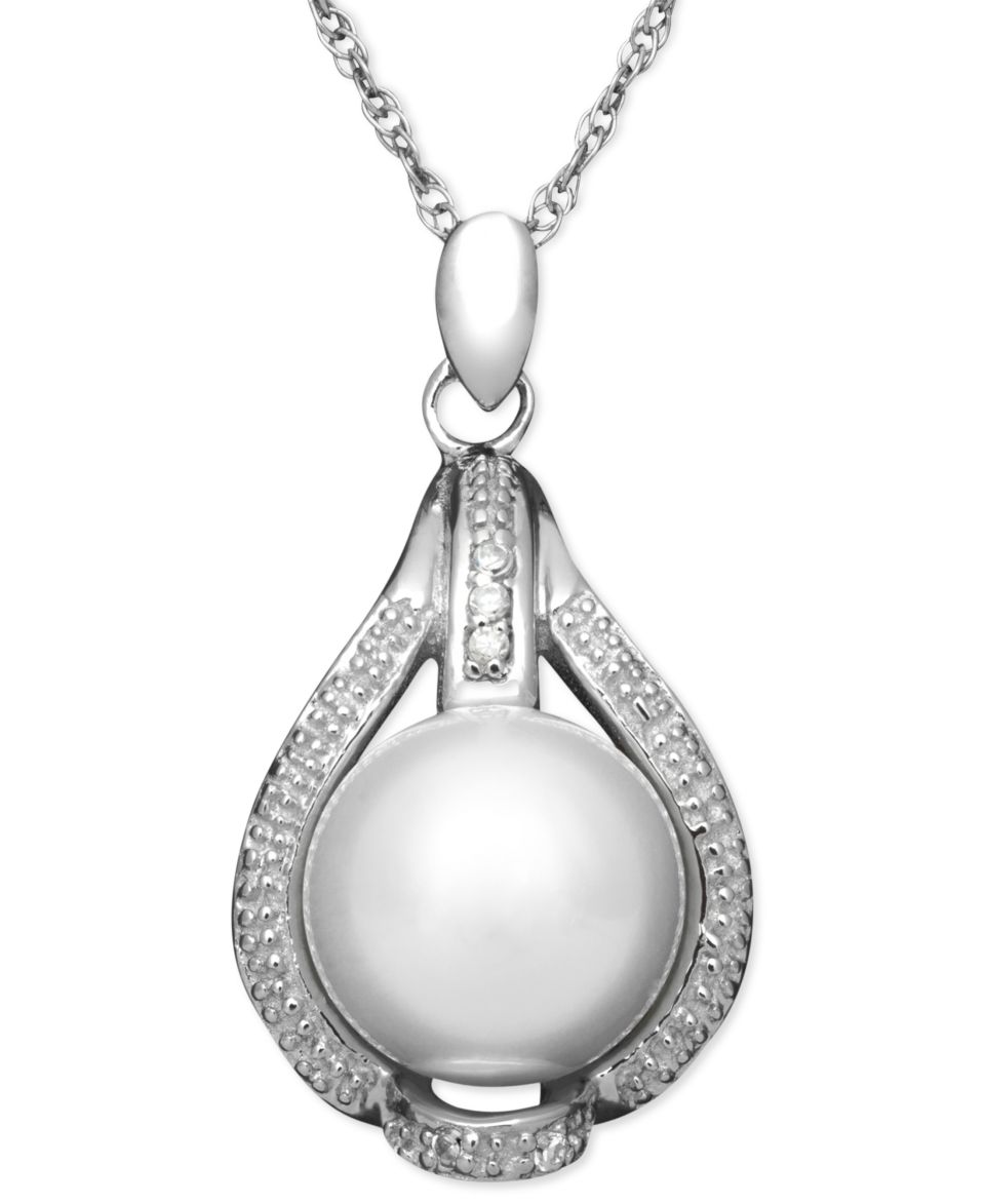 Sterling Silver Necklace, Cultured Freshwater Pearl and Diamond Accent