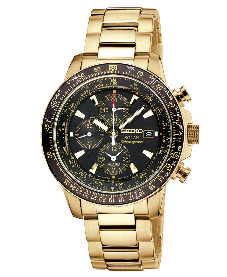 Seiko Watch, Mens Chronograph Solar Aviator Gold Tone Stainless Steel Bracelet 43mm SSC008   Watches   Jewelry & Watches