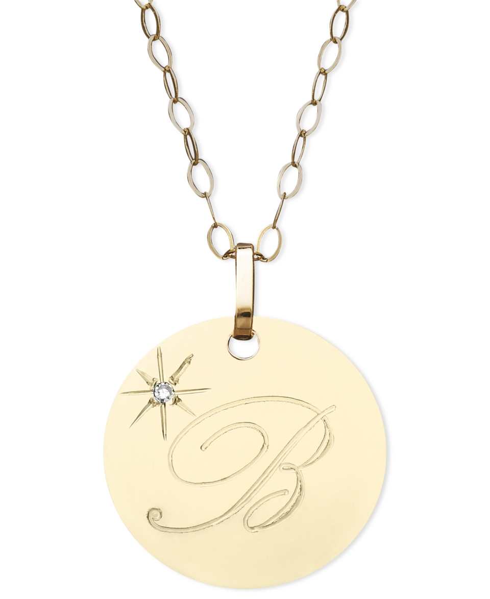 14k Gold Necklace, B Initial Diamond Accent Disc Pendant  