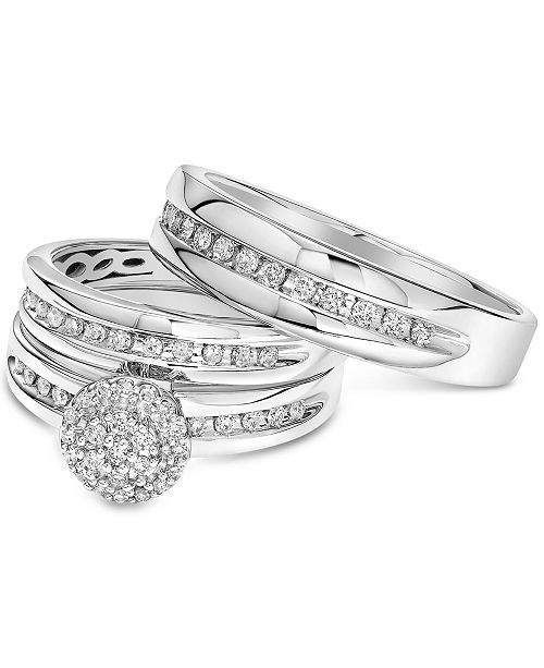 Macy S Diamond Cluster Bridal Set Trio Collection For Men And Women In 14k White Gold Reviews Rings Jewelry Watches Macy S