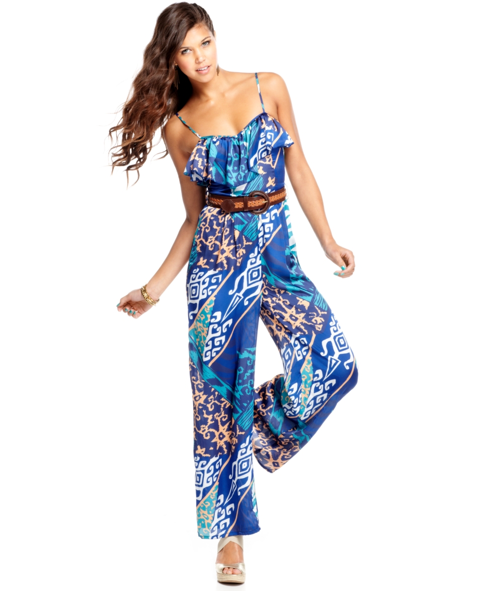 Baby Phat Jumpsuit, Sleeveless Ruffled Belted Tribal Print Palazzo