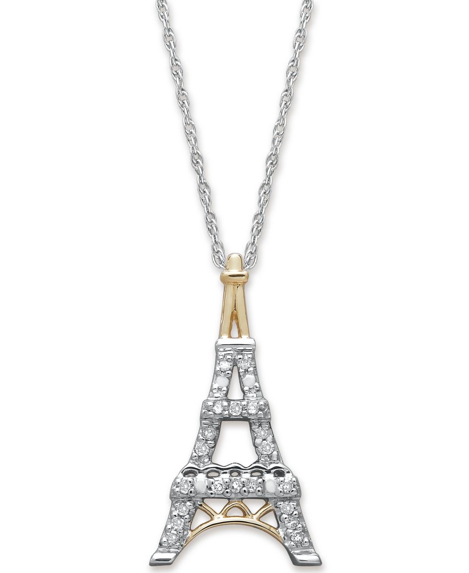 Diamond Necklace, 14k Gold and Sterling Silver Diamond Eiffel Tower