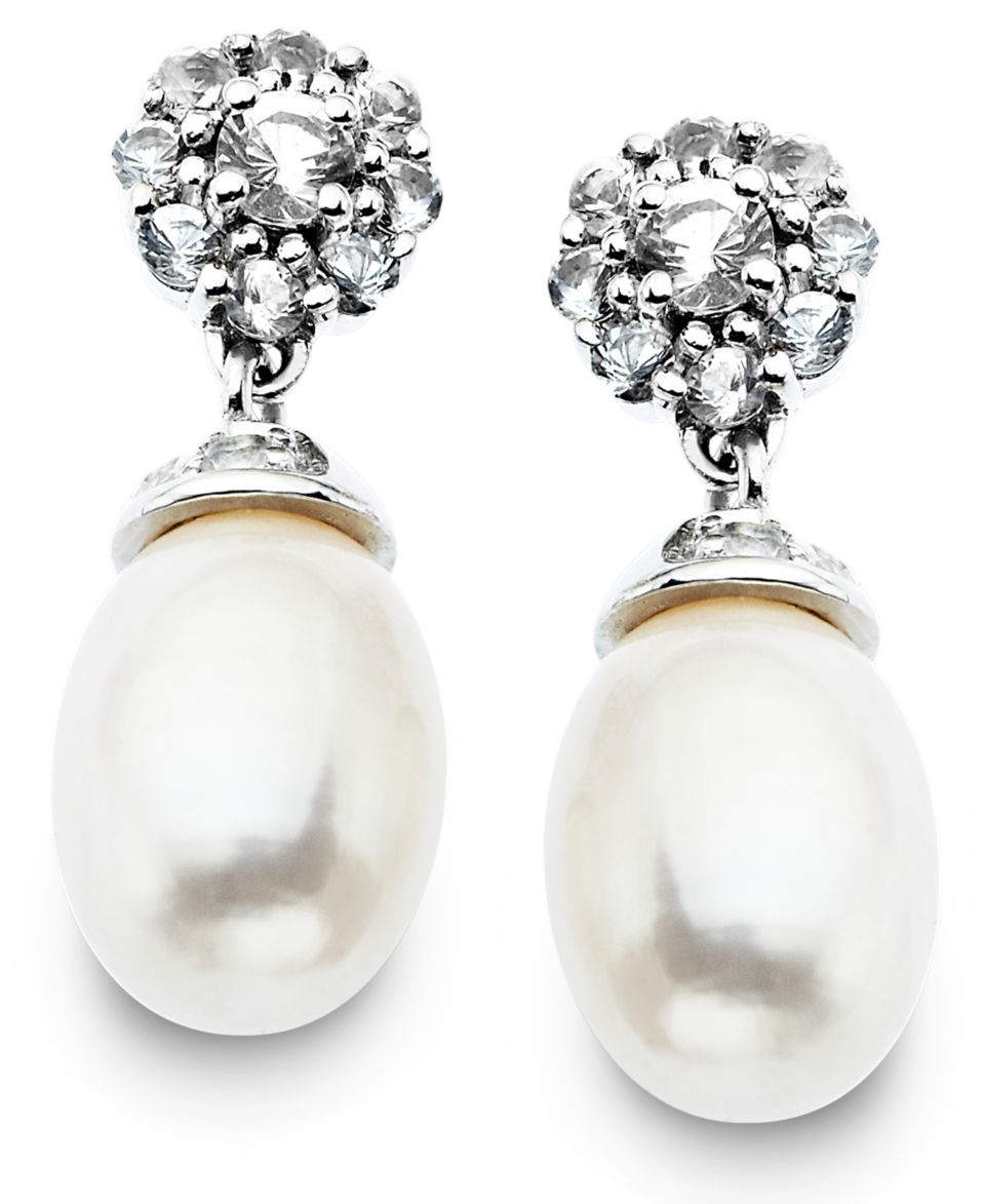 Sterling Silver Earrings, Cultured Freshwater Pearl and Diamond Accent