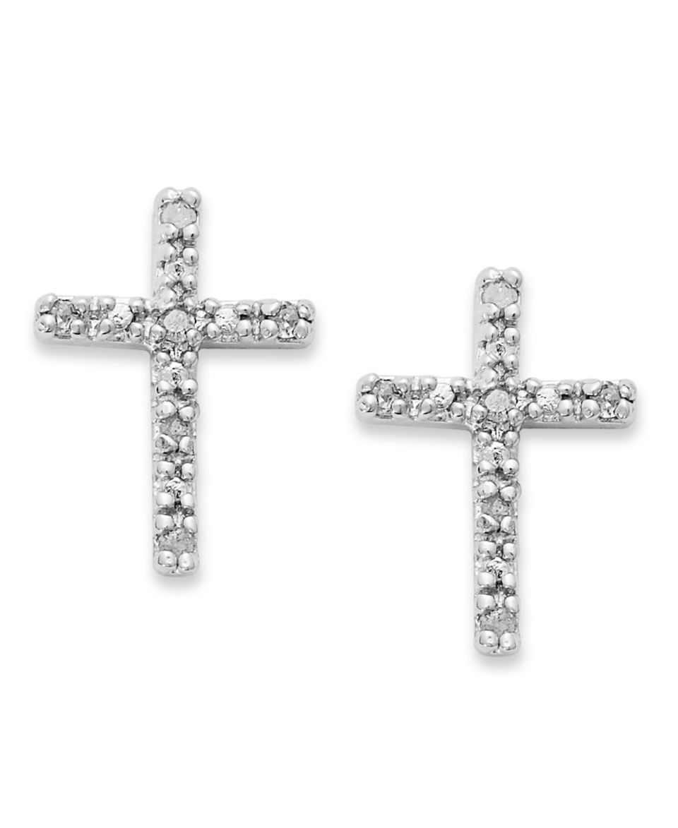 Diamond Earrings, Sterling Silver Diamond Cross Stud Earrings (1/10 ct