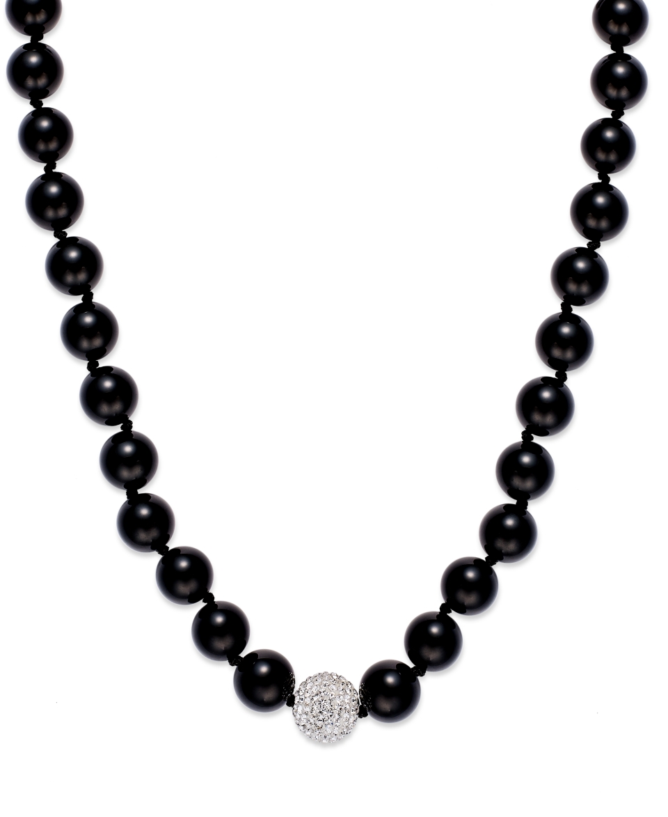Sterling Silver Necklace, Smooth Onyx (10 mm) and Crystal Beaded