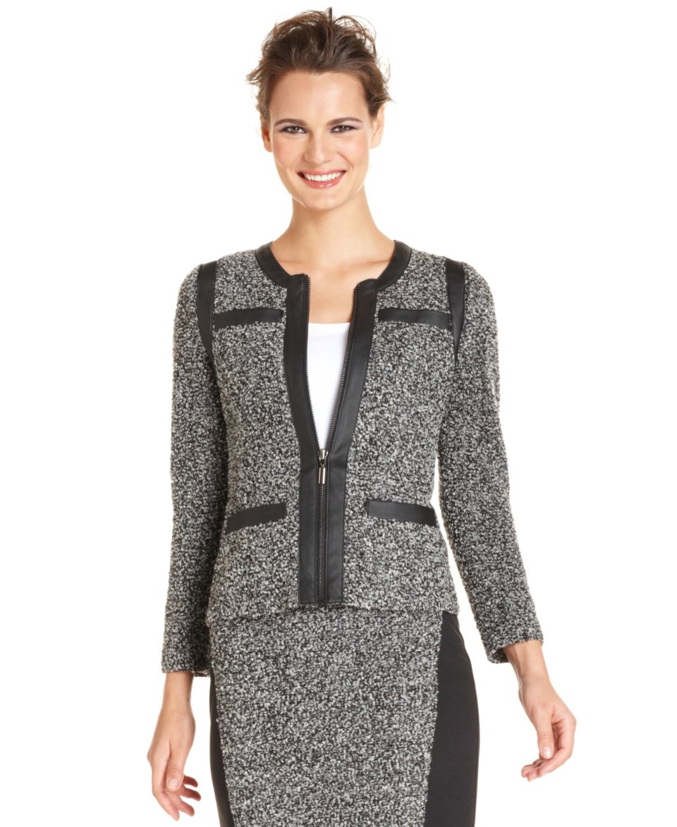 Alfani Petite Jacket, Three Quarter Sleeve Tweed Faux Leather Trim