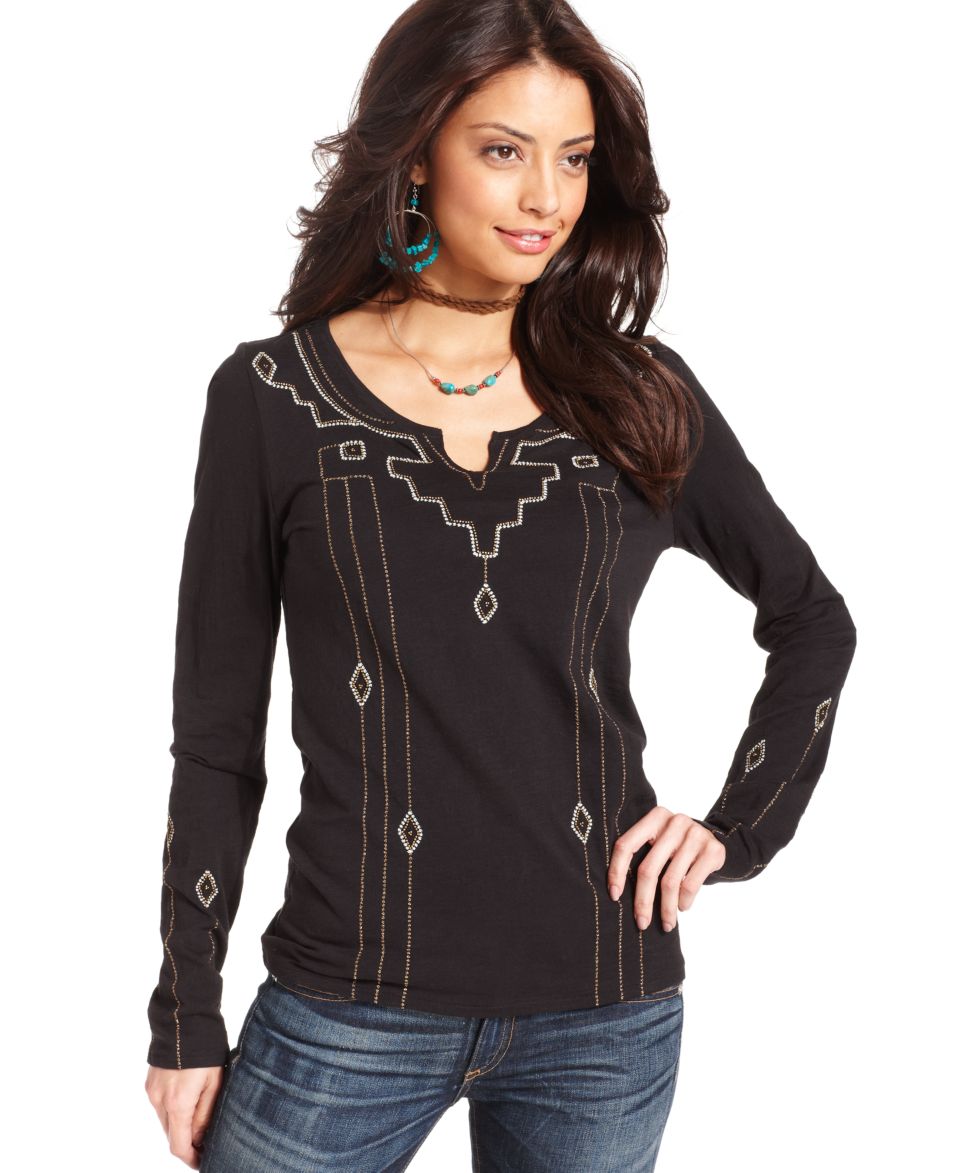 Lucky Brand Jeans Top, Three Quarter Split Neck Embroidered Crochet