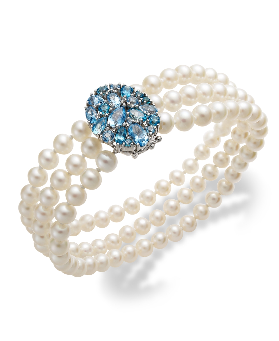 Sterling Silver Bracelet, Cultured Freshwater Pearl Shades of Blue Topaz 3 Row Bracelet (4 1/6 ct. t.w.)   Bracelets   Jewelry & Watches