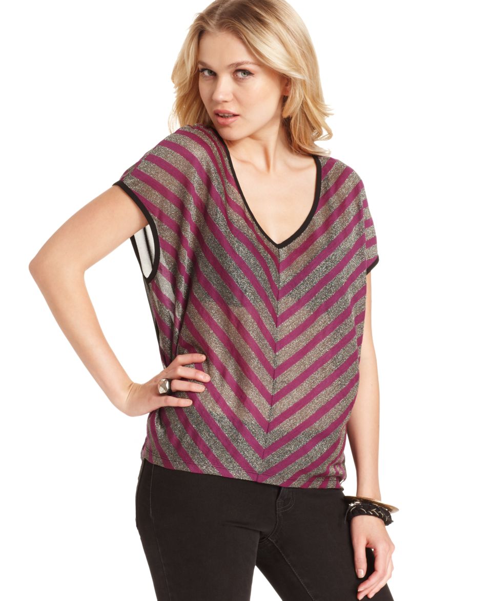 GUESS Top, Short Sleeve V Neck Striped Shimmer