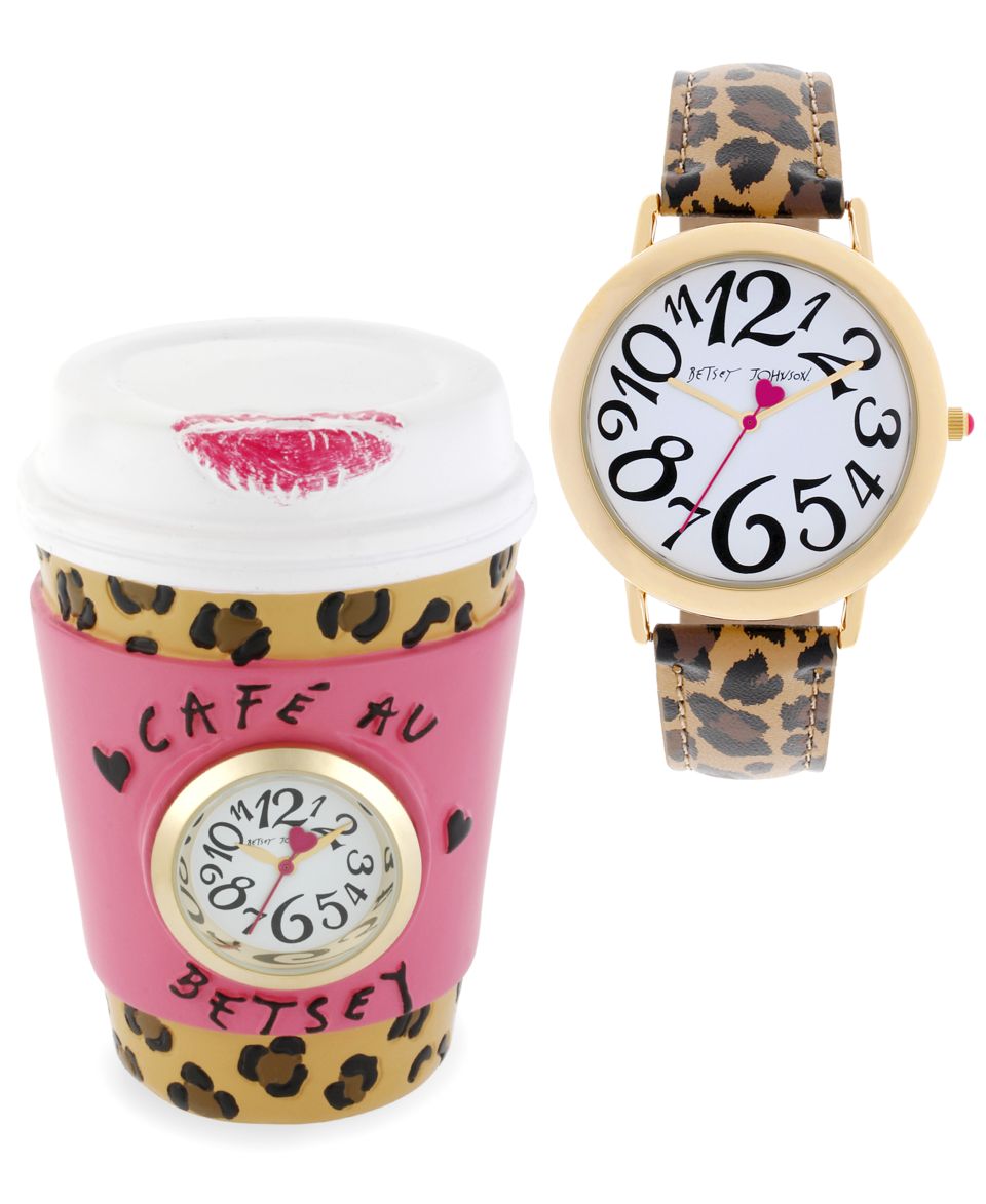 Betsey Johnson Watch and Clock Set, Womens Leopard Printed Leather