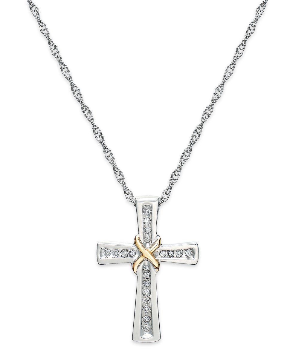 Diamond Necklace, Sterling Silver and 14k Gold Diamond Cross X Pendant