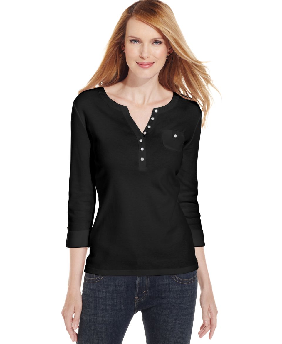 Karen Scott Top, Three Quarter Sleeve Henley Scoop Neck   Womens Tops