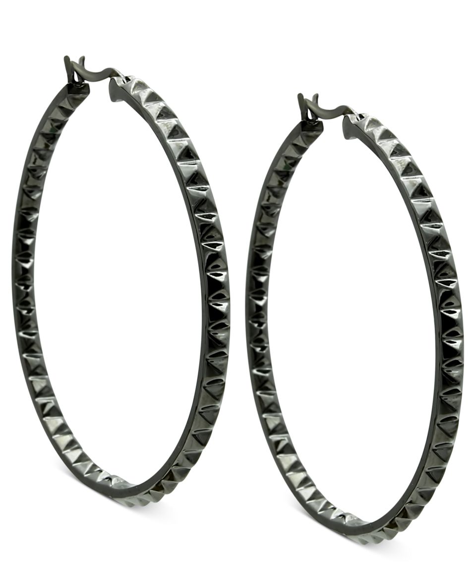 GUESS Earrings, Hematite Tone Glass Stone Clutchless Hoop Earrings