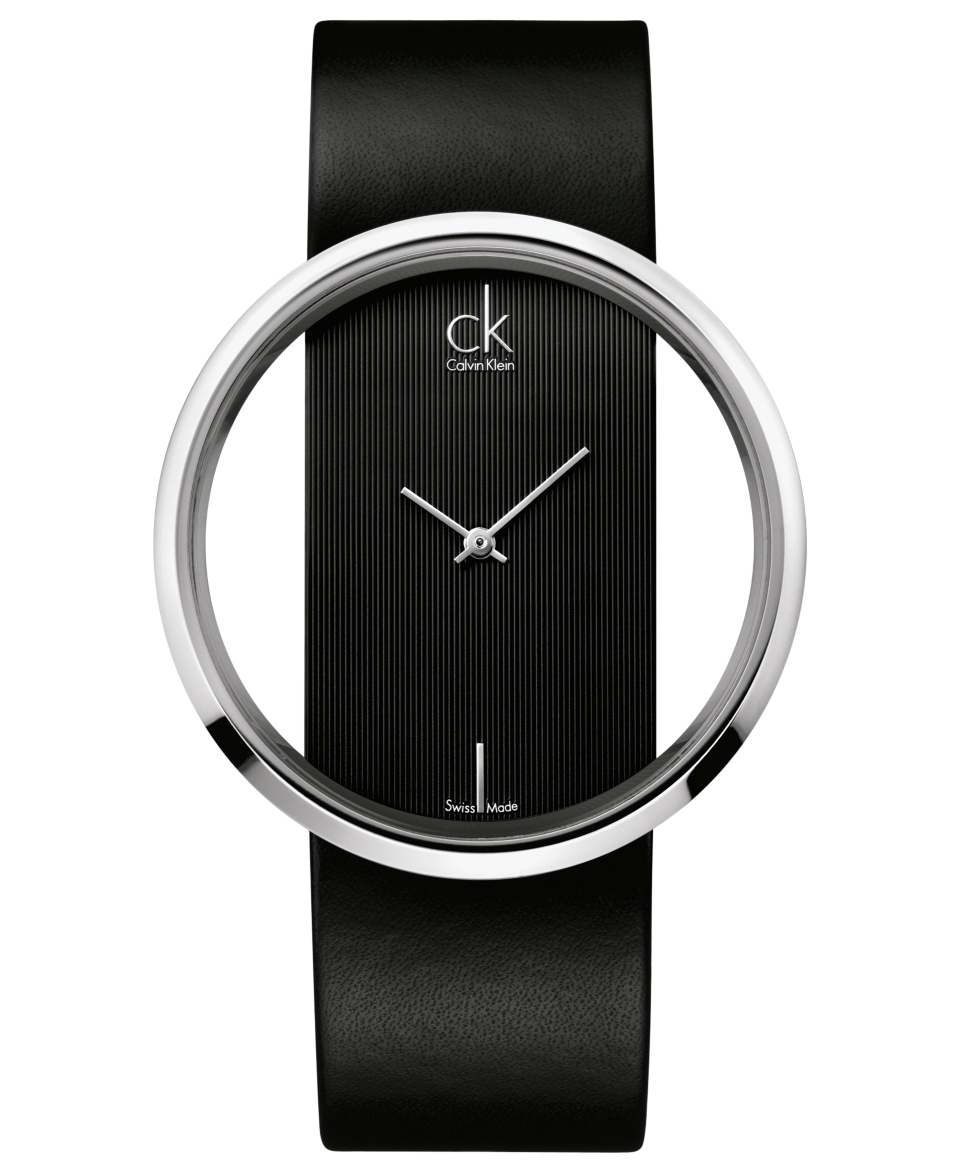 ck Calvin Klein Watch, Womens Swiss Glam Black Leather Strap 42mm