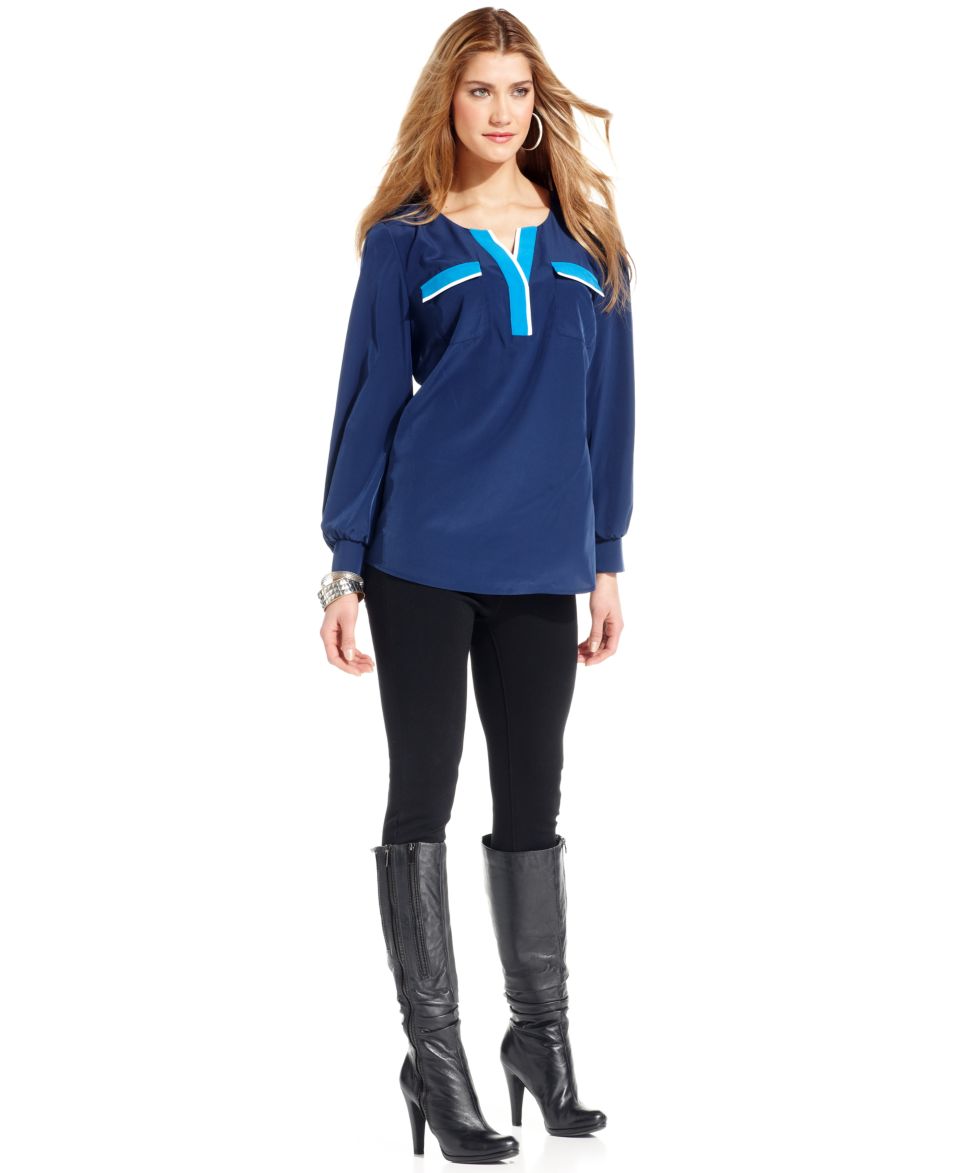 Style&co. Petite Top, Long Sleeve Colorblock High Low Blouse