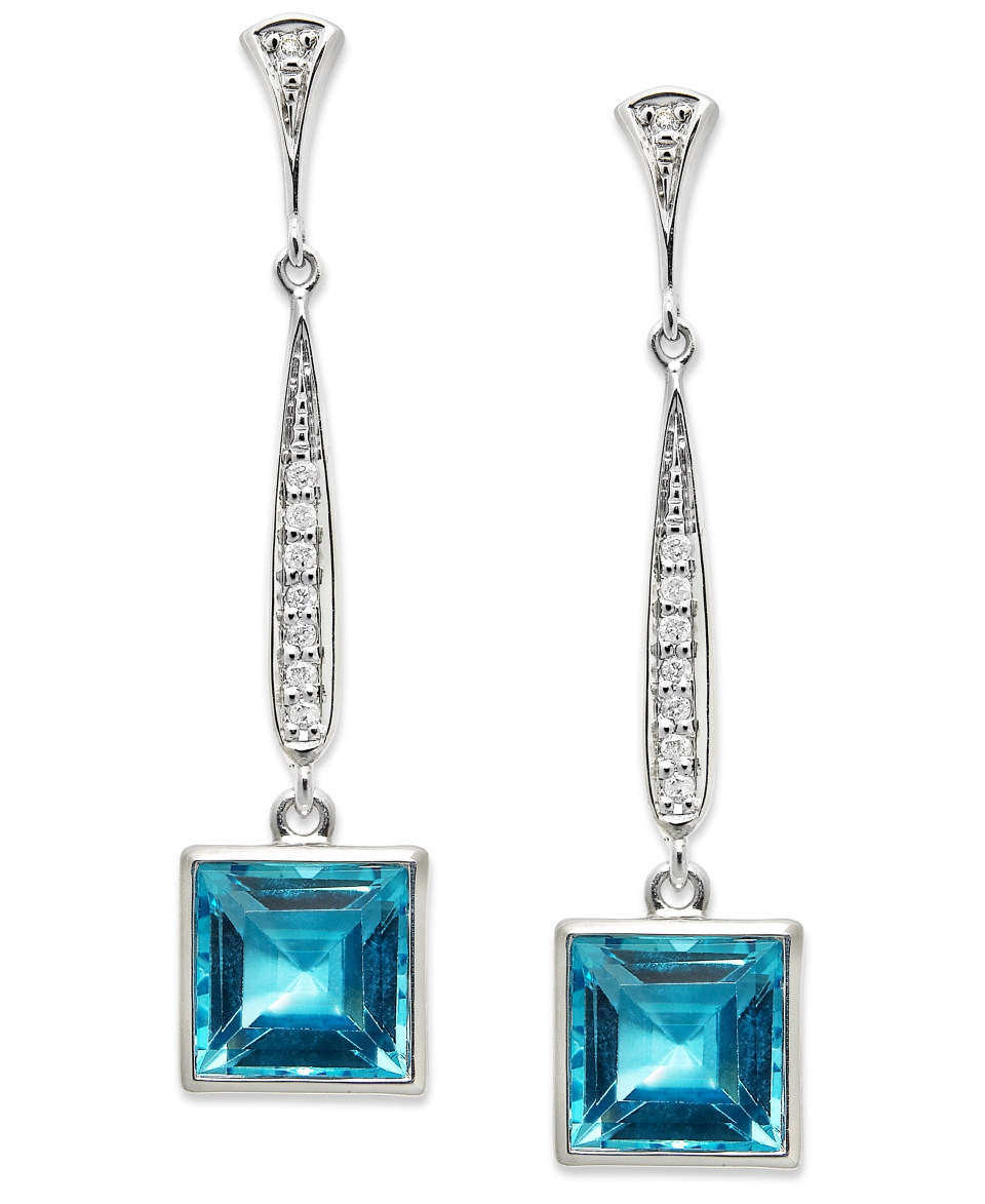 Sterling Silver Earrings, Blue Topaz (9 ct. t.w.) and Diamond (1/6 ct. t.w.) Square Drop Earrings   Earrings   Jewelry & Watches