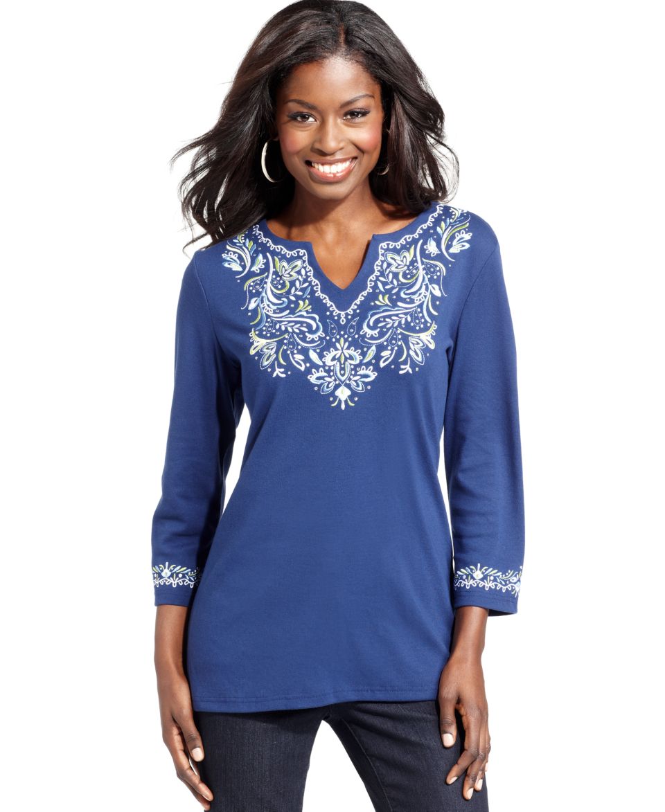 Karen Scott Top, Three Quarter Sleeve Henley   Womens Tops