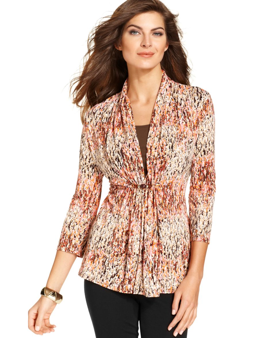 Alfani Petite Top, Three Quarter Sleeve Geometric Print Ruched