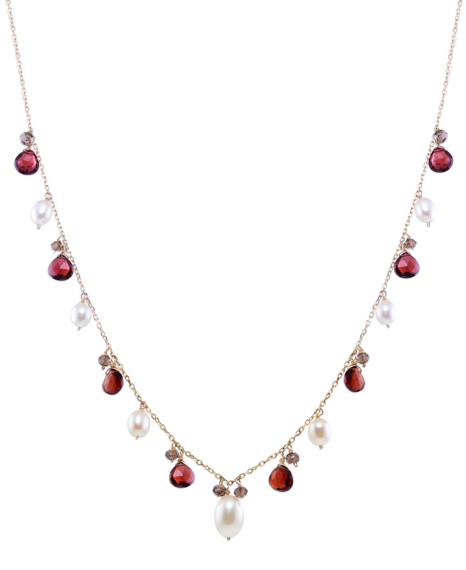 14k Gold Necklace, Cultured Freshwater Pearl (7 8mm) and Garnet (10 ct