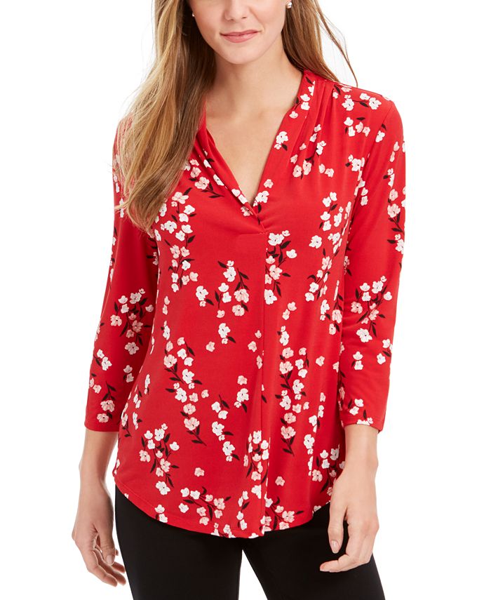 Charter Club Floral Print Pleated V-Neck Blouse, Created for Macy's ...