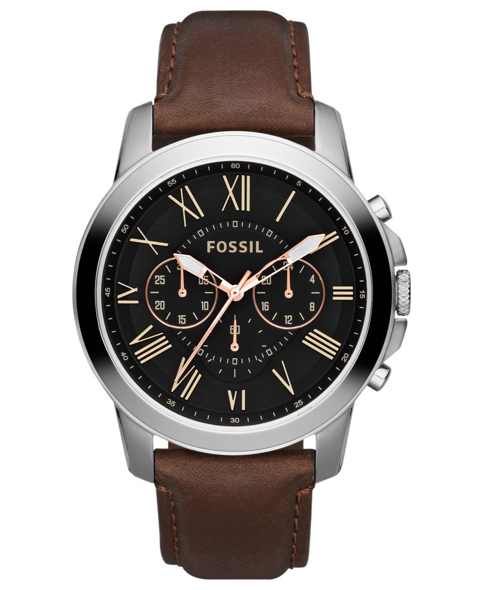 Fossil Mens Chronograph Grant Brown Leather Strap Watch 44mm FS4813