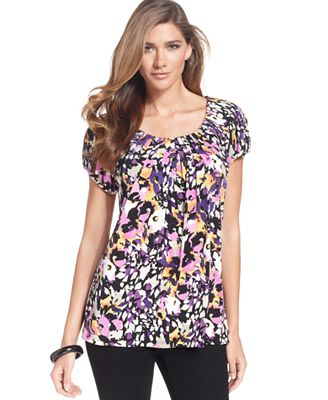 Style&co. Top, Short-Sleeve Printed Pleated-Neck - Tops - Women - Macy's