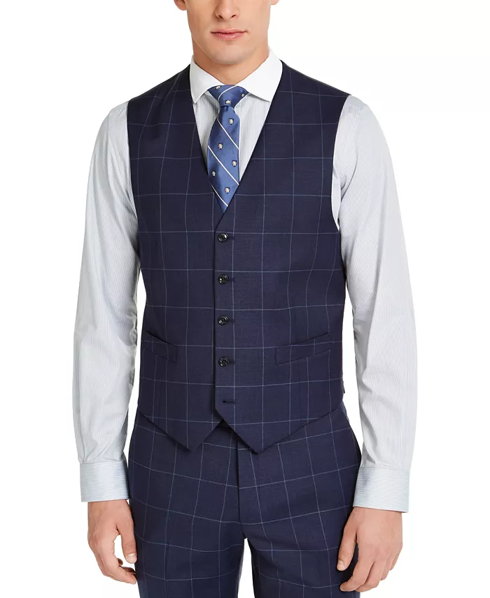 Tommy Hilfiger Men's Classic-Fit Stretch Navy Blue Windowpane Vest