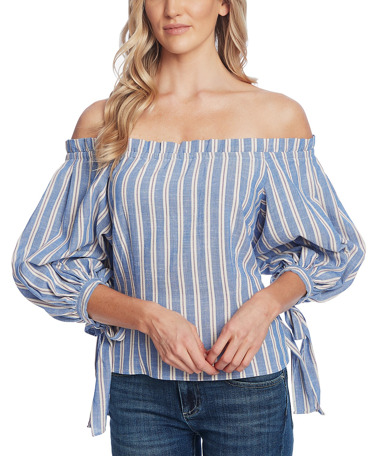 Striped Off-The-Shoulder Balloon-Sleeve Top
