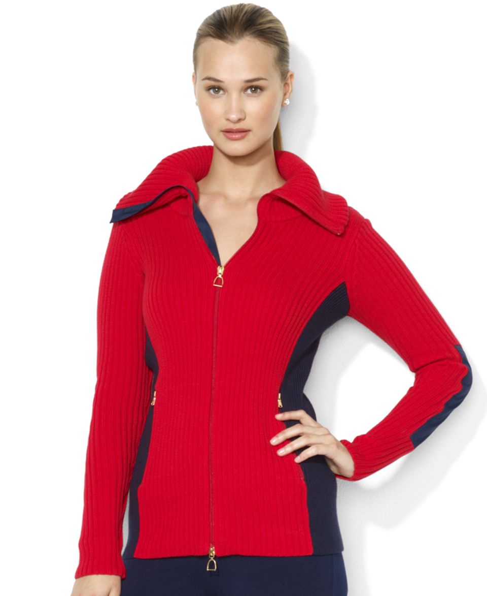 Lauren Ralph Lauren Plus Size Long Sleeve Ribbed Colorblocked Zip Up Cardigan   Sweaters   Plus Sizes