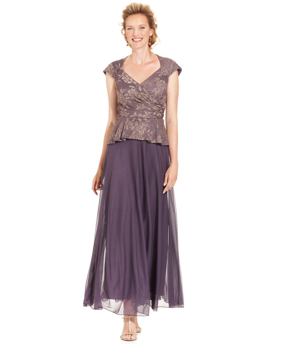 Patra Petite Dress, Cap Sleeve Glitter Lace Peplum Gown   Dresses   Women