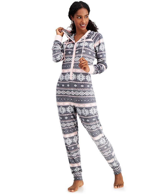 Jenni Hooded Velour One Piece Unionsuit Pajamas, Created for Macy's ...