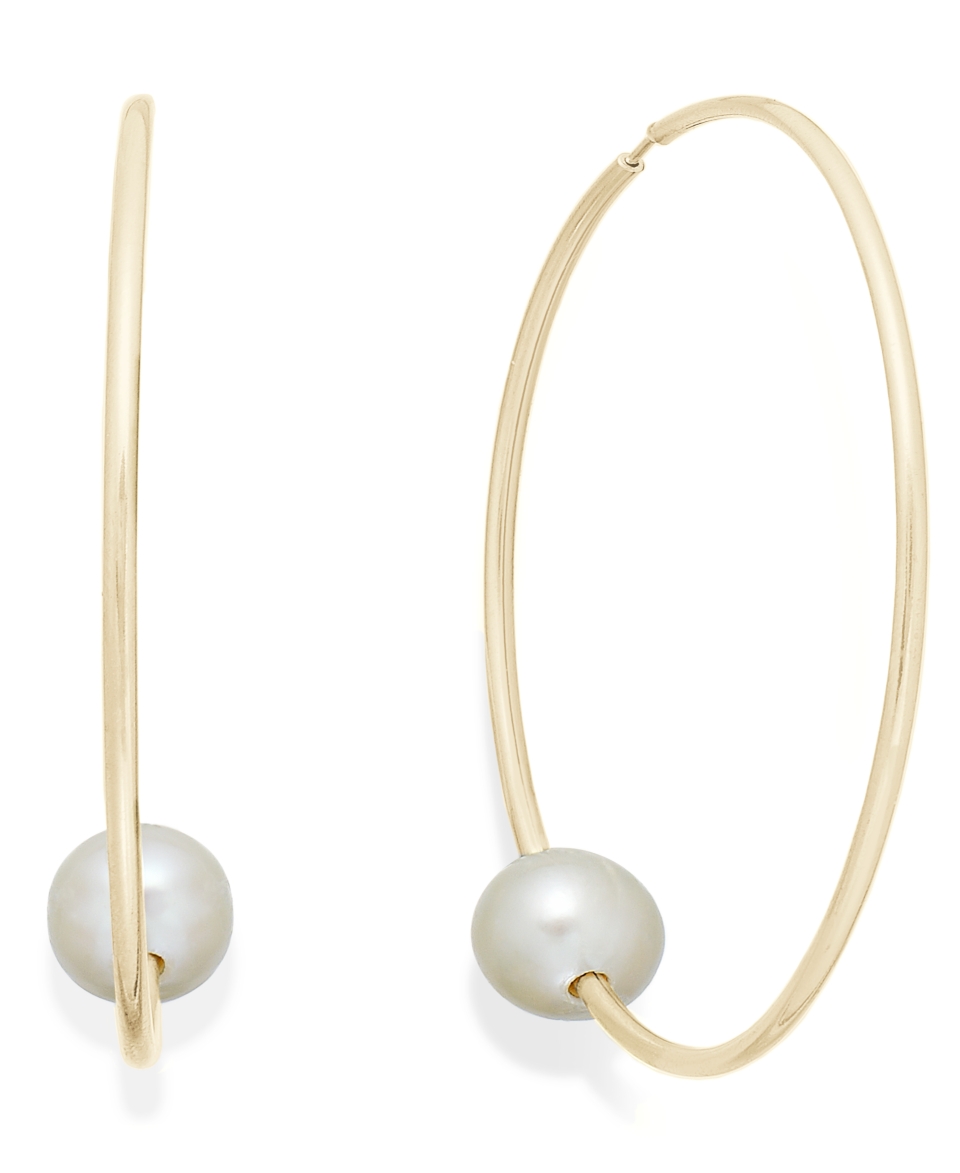 Pearl Earrings, 14k Gold Cultured Freshwater Pearl Hoop Earrings (9mm)   Earrings   Jewelry & Watches