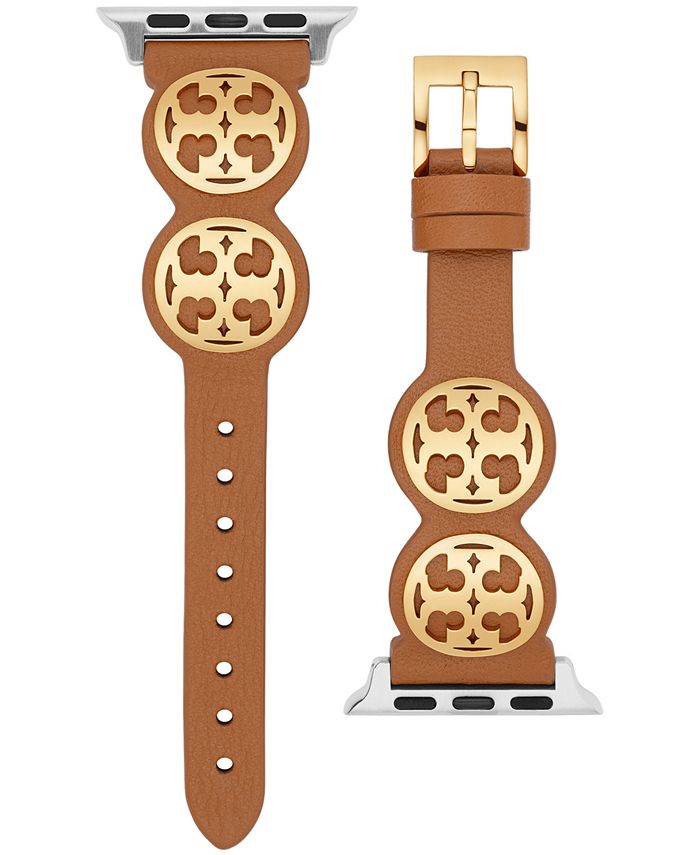 Tory Burch Miller Logo Studded Brown Leather Strap For Apple Watch