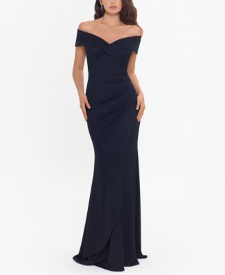 xscape navy off the shoulder dress