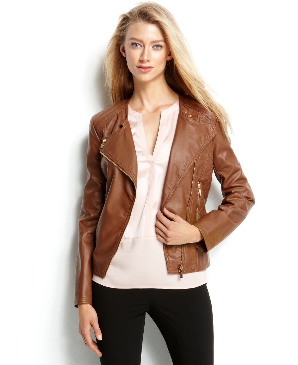 Calvin Klein Quilted Faux Leather Zip Front Moto Jacket Jackets