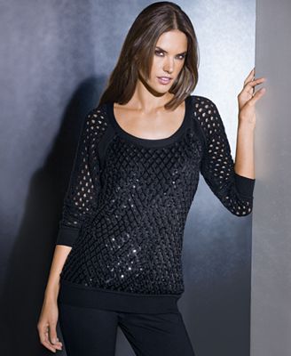 INC International Concepts Sequined Fishnet-Knit Sweater - Sweaters ...