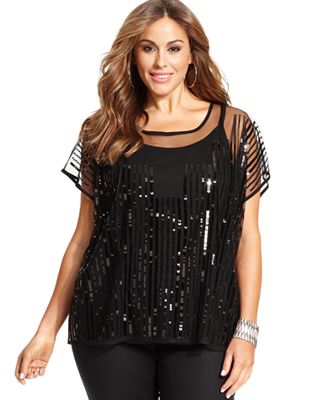 INC International Concepts Plus Size Short-Sleeve Sequined Top - Tops ...