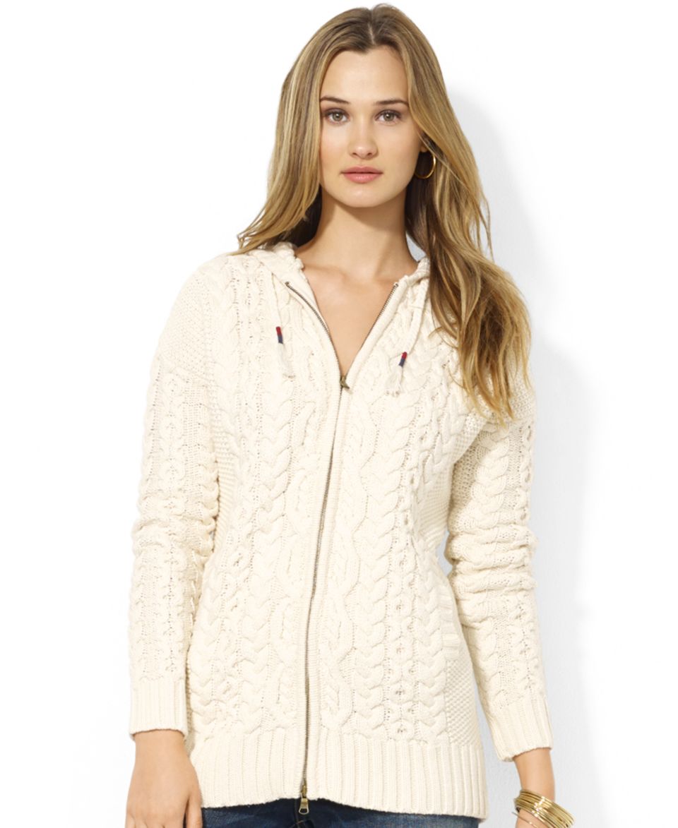 Lauren Jeans Co. Cable Knit Zip Up Hooded Cardigan   Sweaters   Women