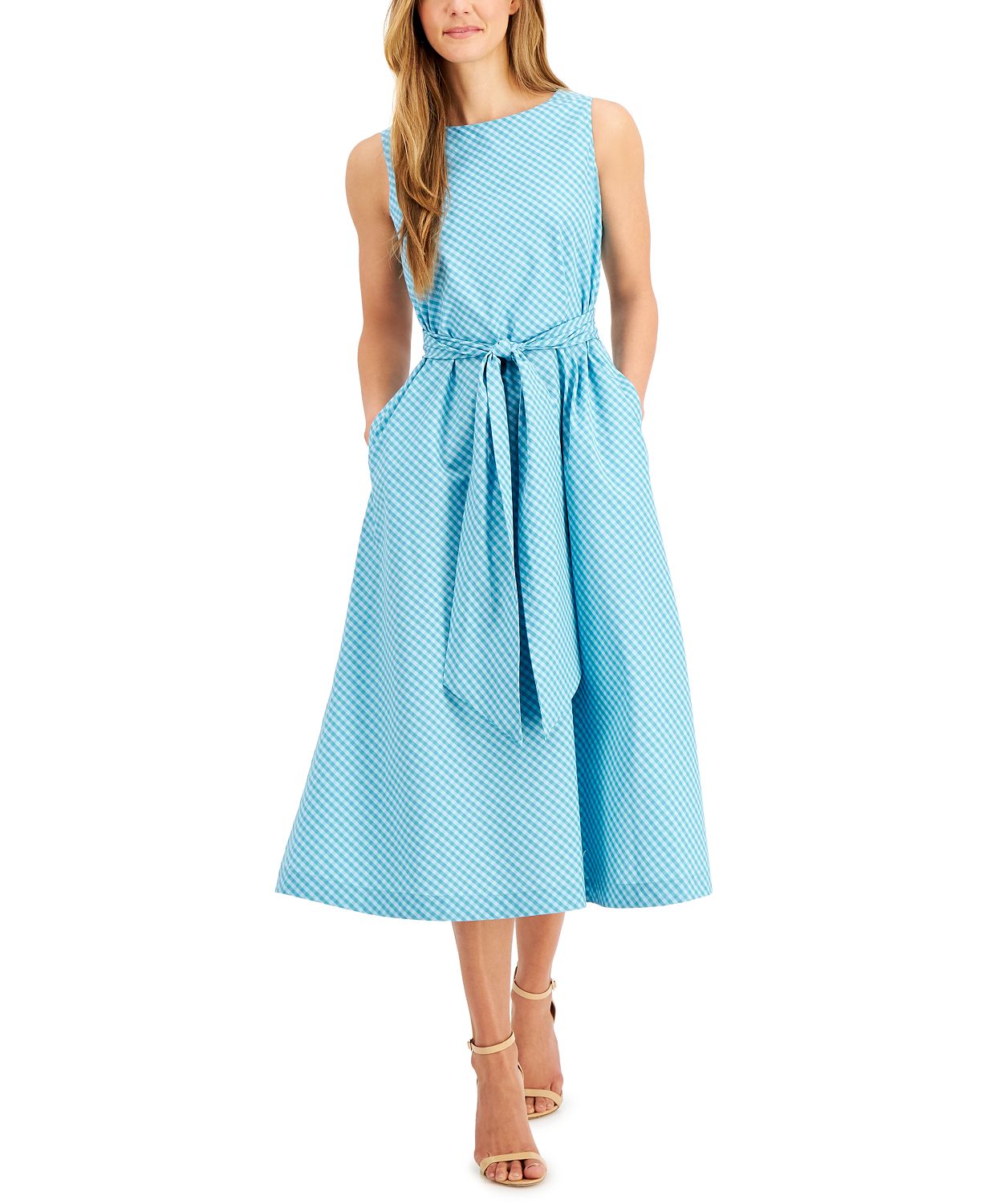 Gingham-Printed Tie-Sash Midi Dress