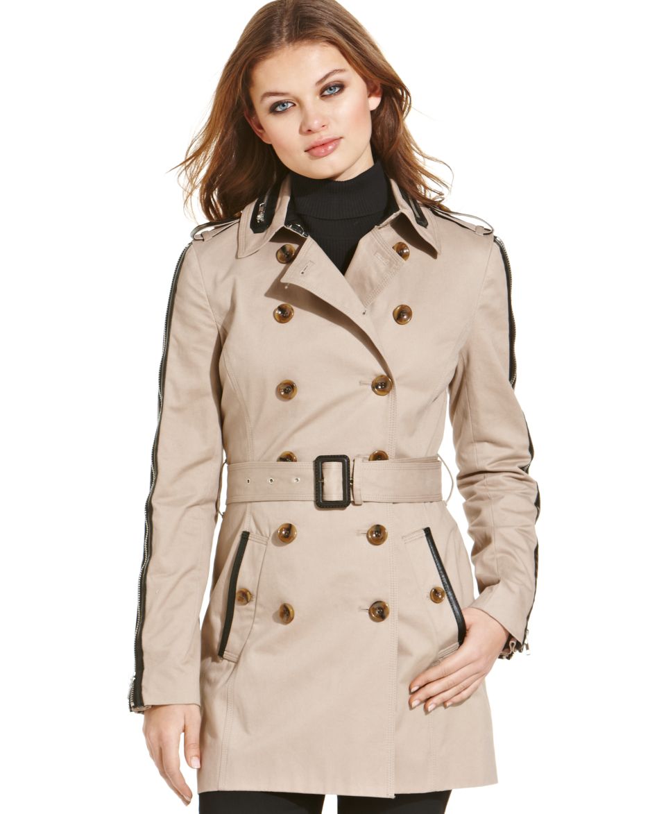 Calvin Klein Double Breasted Faux Leather Trim Pea Coat   Coats   Women