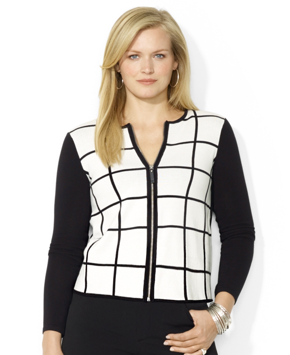 Lauren Ralph Lauren Plus Size Windowpane Print Cardigan   Sweaters   Plus Sizes